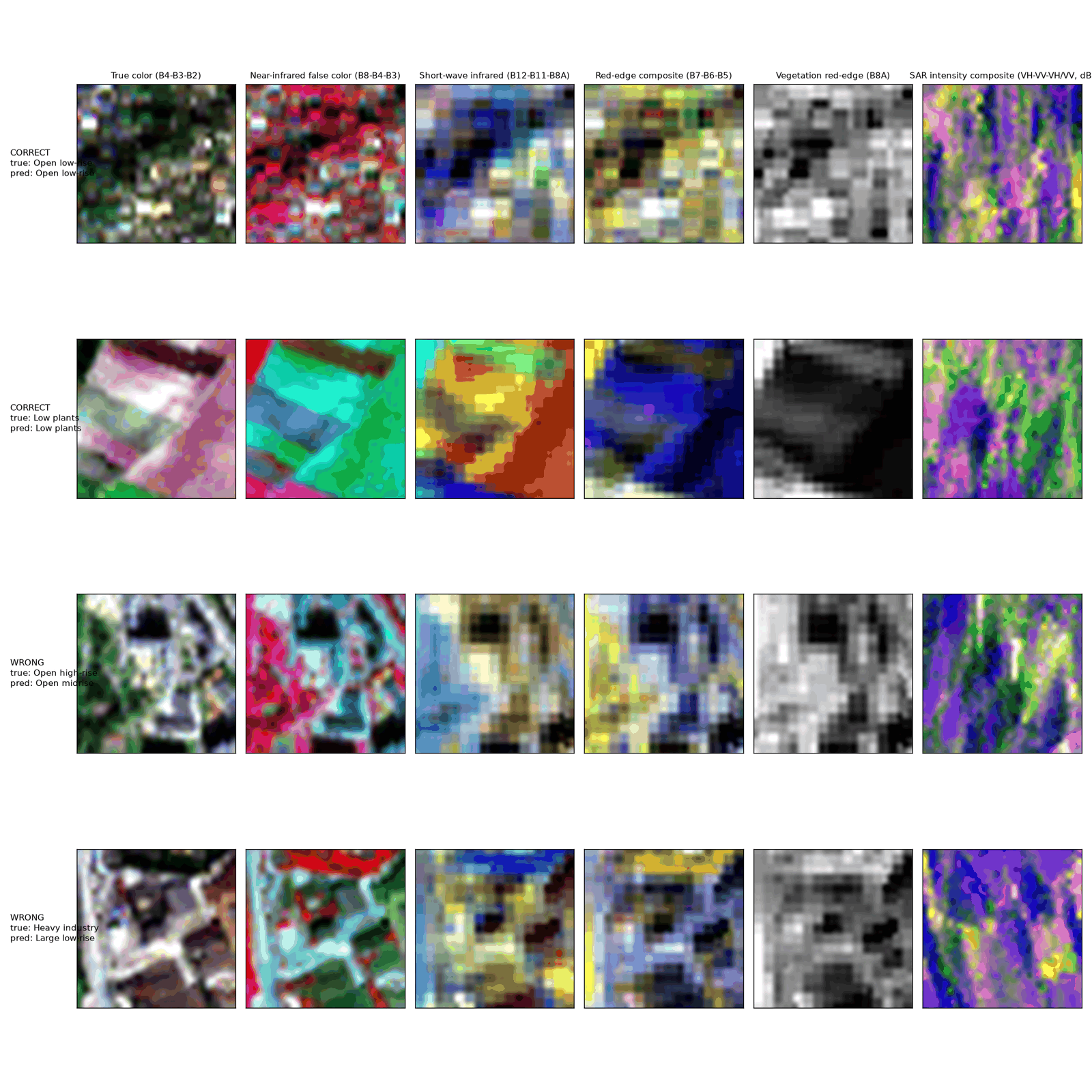 A handful of held-out examples: the 6 rendered views, the true LCZ class, and the LoRA-adapted model's prediction.