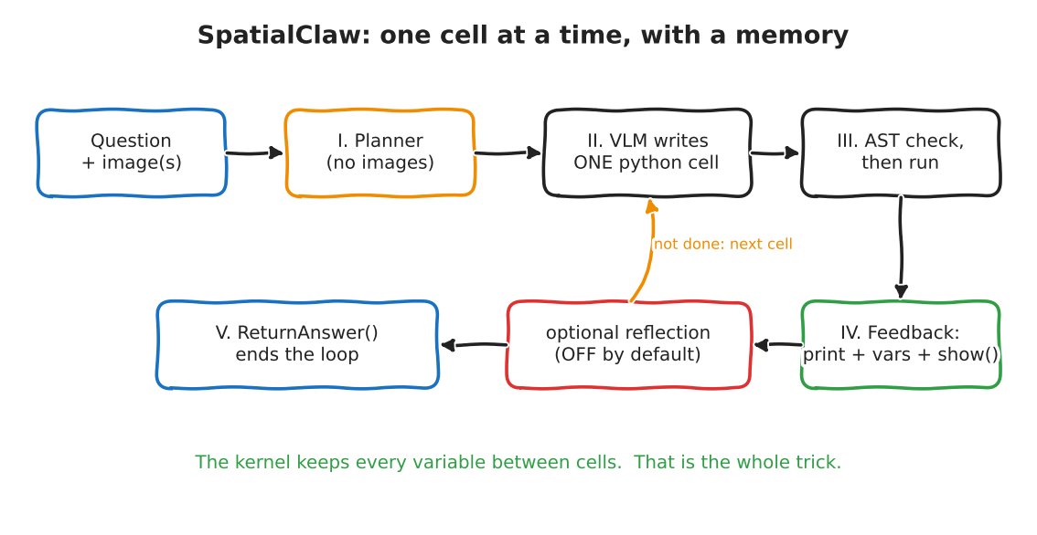Hand-drawn loop: question and images go to a planner, then the VLM writes one python cell, which is AST-checked and run, then feedback, then optional reflection, then either the next cell or ReturnAnswer